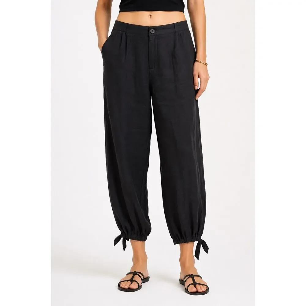 Zara Black Linen Blend Balloon Tie Ankle Pants Size L